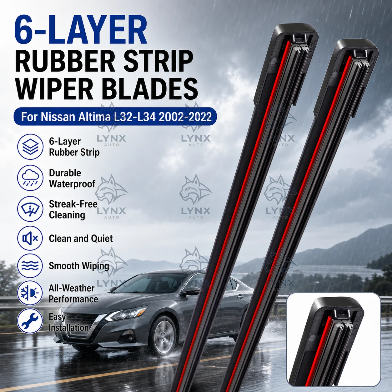 2Pcs 6-Layer Rubber Strip Windshield Wiper Blades Durable Anti-Scratch Waterproof For Nissan Altima L32-L34 2002-2022
2Pcs 6-Layer Rubber Strip Windshield Wiper Blades Durable Anti-Scratch Waterproof For Nissan Altima L32-L34 2002-2022