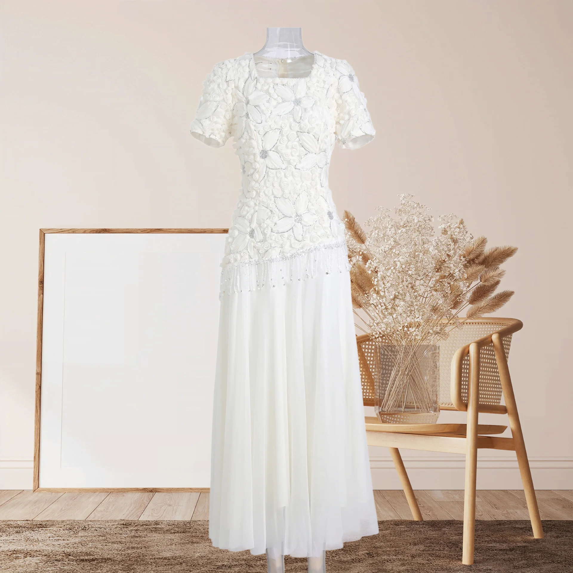 Ivory Beaded Lace Dress 3D Flower Pearl Fringe Waist Tulle Skirt Elegant Mother of Bride Wedding Guest Midi Gown Formal Party
Ivory Beaded Lace Dress 3D Flower Pearl Fringe Waist Tulle Skirt Elegant Mother of Bride Wedding Guest Midi Gown Formal Party