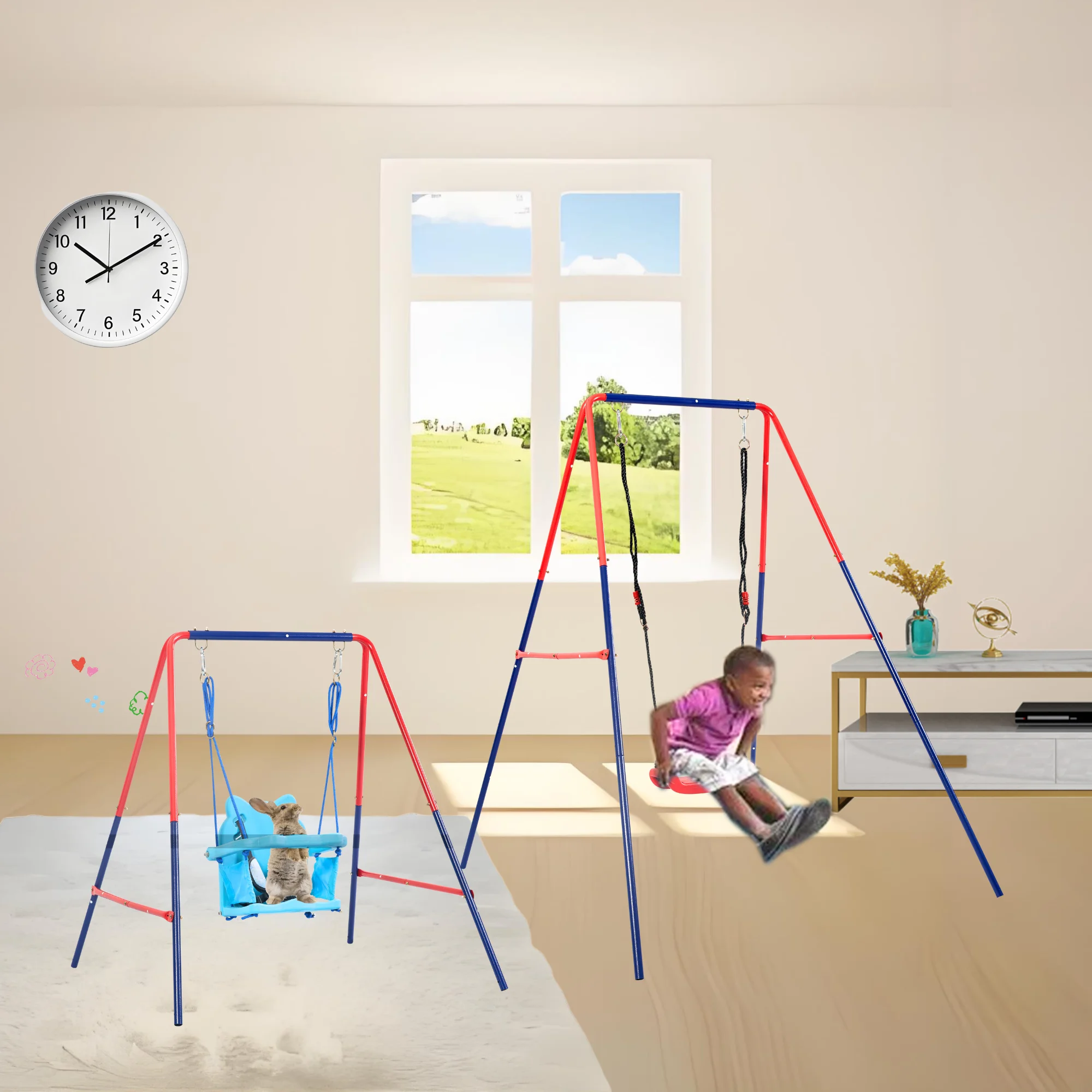 Green and blue interesting 2 in 1 baby swing mental plastic safe swing set 110lbs for outdoor playground for age 3+
Green and blue interesting 2 in 1 baby swing mental plastic safe swing set 110lbs for outdoor playground for age 3+