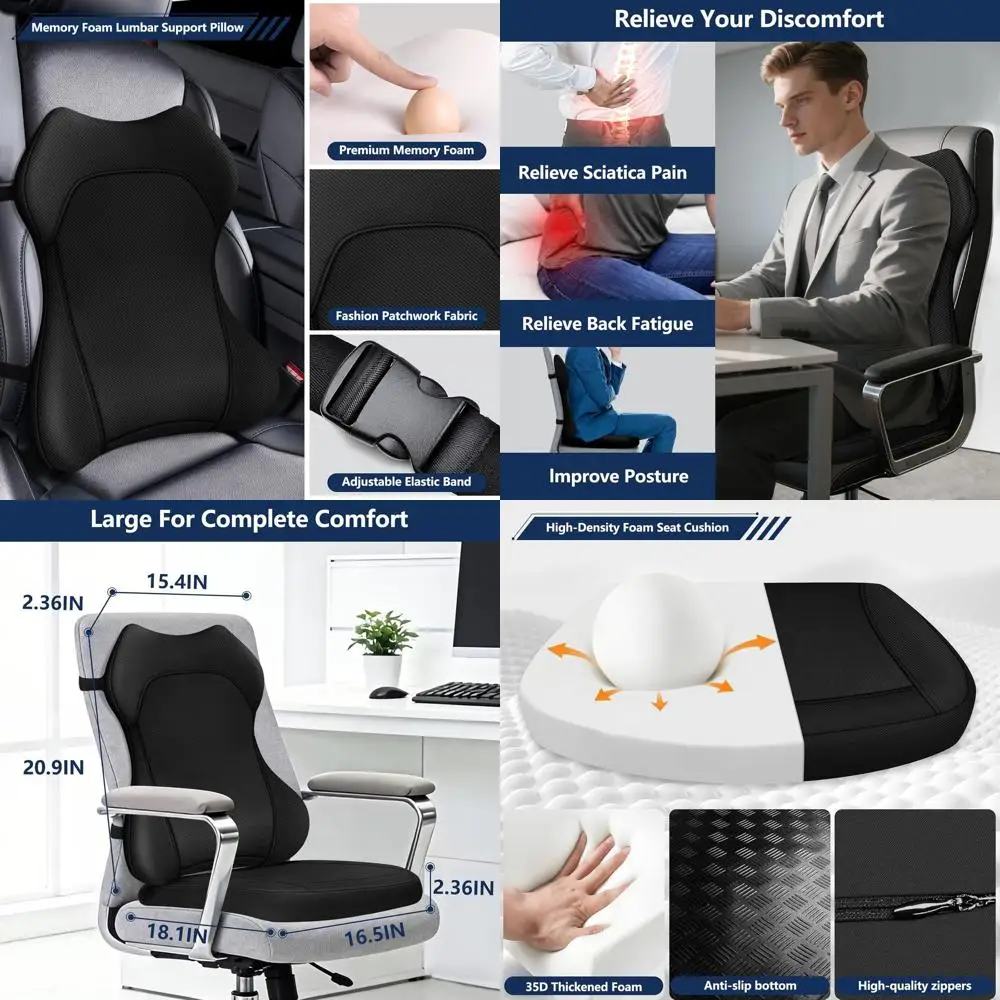 Ergonomic Memory Foam Seat Cushion, Lumbar Support Pillow, Coccyx Pain Relief for Office Chair, Car, Desk - Black
Ergonomic Memory Foam Seat Cushion, Lumbar Support Pillow, Coccyx Pain Relief for Office Chair, Car, Desk - Black