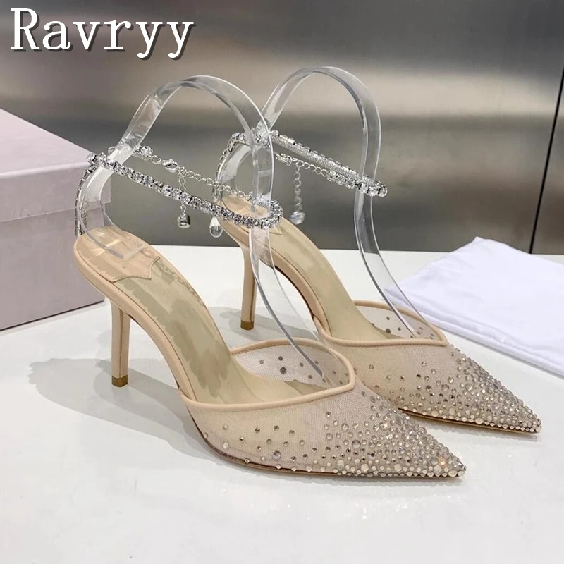 Luxury Design Women Wedding High Heels Shoes Mesh Pleated Rhinestone Chain Pointed Toe Shallow Stiletto Pumps
Luxury Design Women Wedding High Heels Shoes Mesh Pleated Rhinestone Chain Pointed Toe Shallow Stiletto Pumps