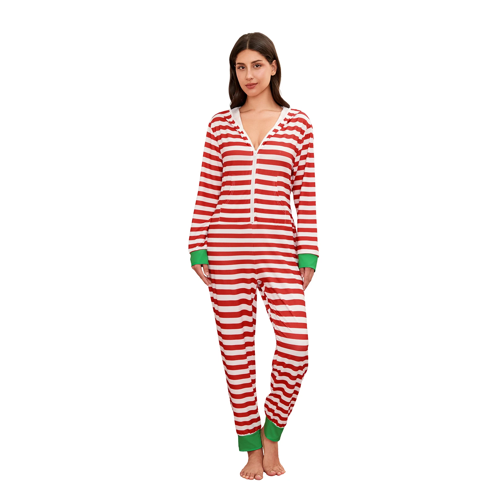 Women's Pajama Jumpsuits Long Sleeve V Neck Stripes Print Slim Fit Hooded Romper Pants Sleepwear
Women's Pajama Jumpsuits Long Sleeve V Neck Stripes Print Slim Fit Hooded Romper Pants Sleepwear