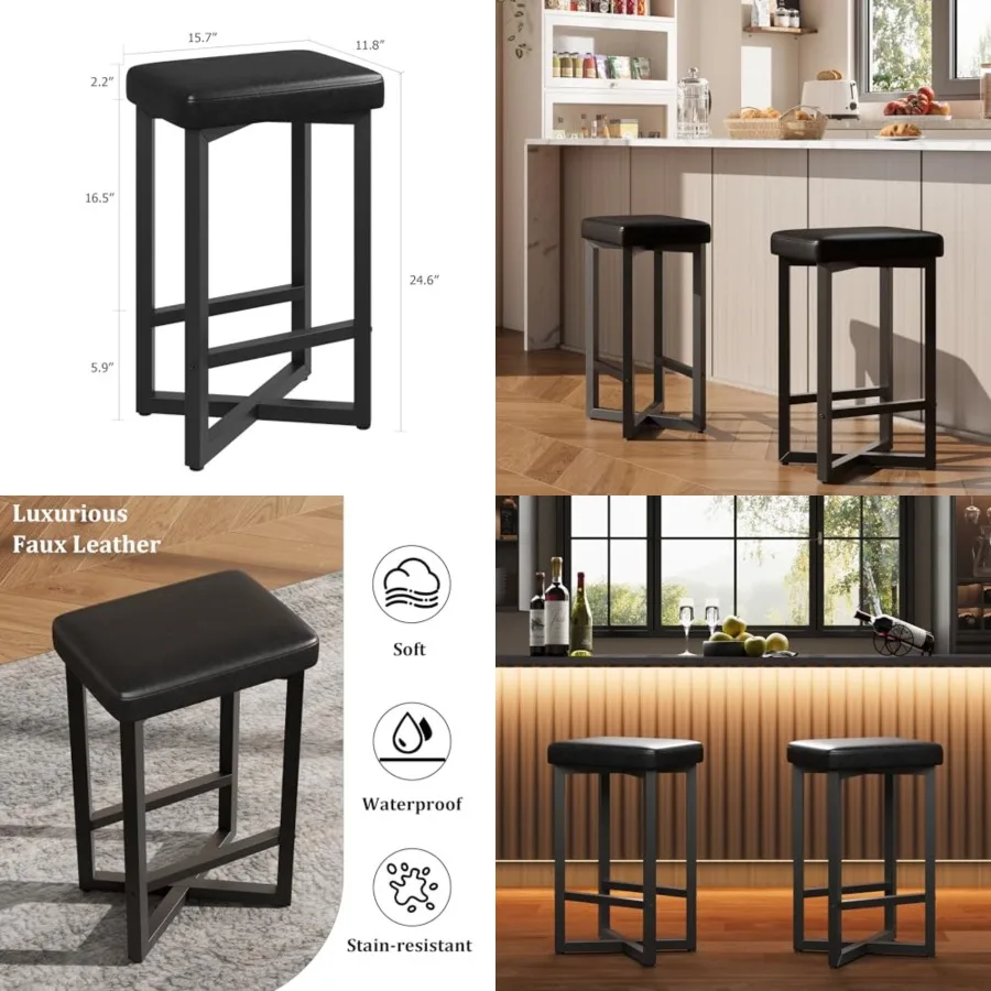 Bar Stools, 24.6" Counter Height Backless Barstools, Upholstered PU Leather Seats with Metal X-Frame and Footrest, Modern Kitch
Bar Stools, 24.6" Counter Height Backless Barstools, Upholstered PU Leather Seats with Metal X-Frame and Footrest, Modern Kitch