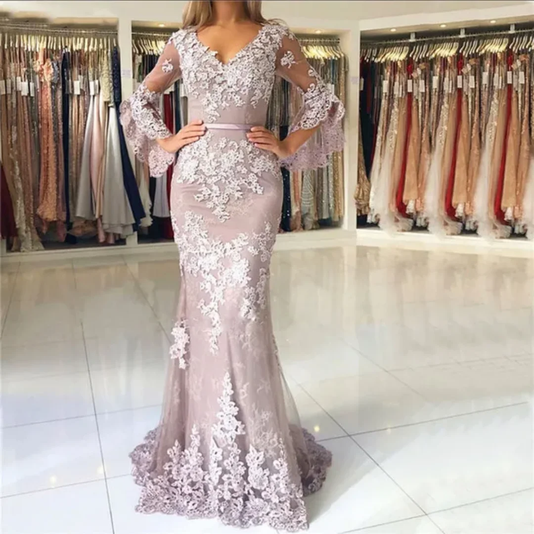Lace Mermaid Prom Dresses V Neck Long Sleeves Elegant Evening Wear Pink Mother of the Bride Dresses for Wedding Customized 
Lace Mermaid Prom Dresses V Neck Long Sleeves Elegant Evening Wear Pink Mother of the Bride Dresses for Wedding Customized