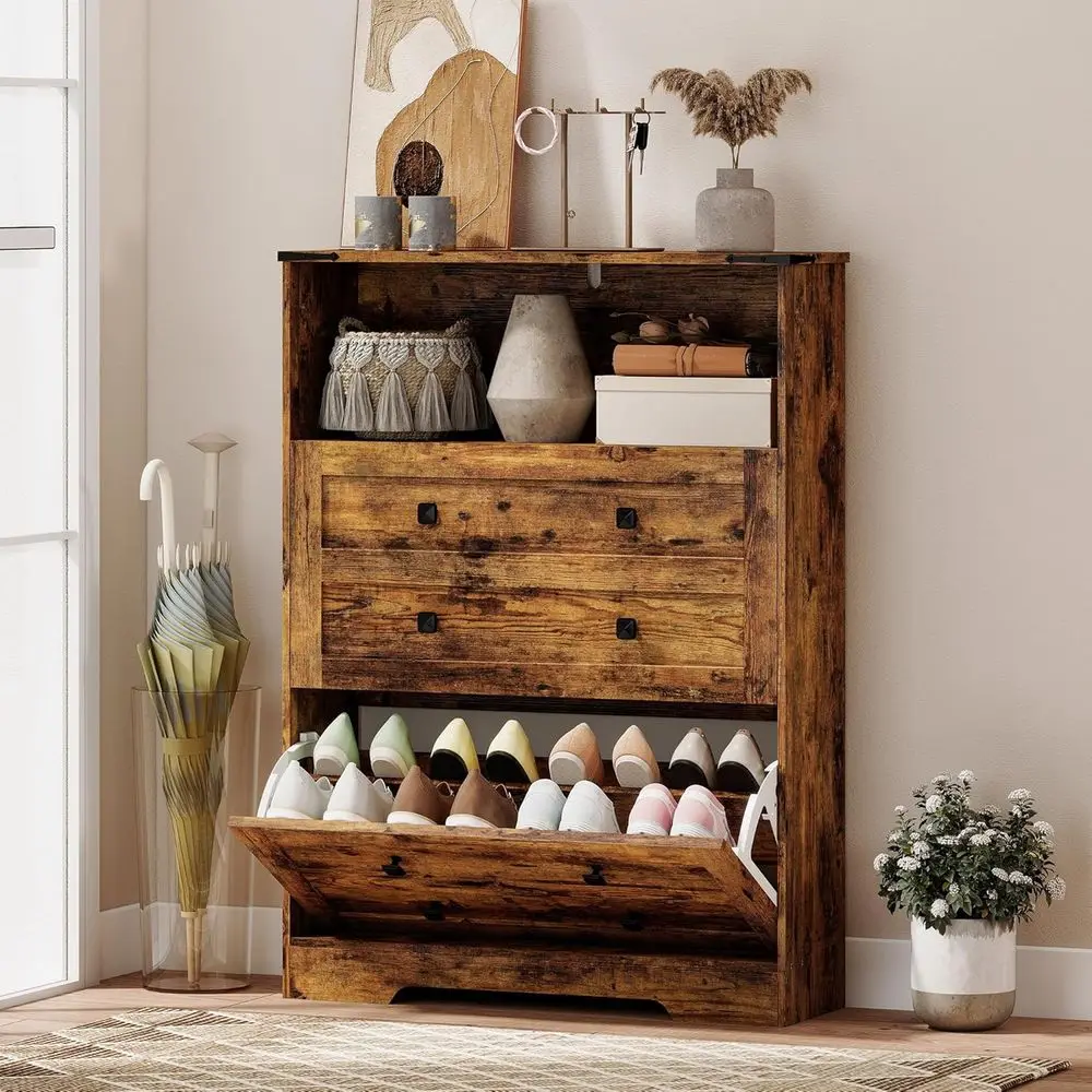 Rustic Brown Narrow Shoe Cabinet with Adjustable Shelves for 12-16 Pairs, Ideal for Entryway or Hallway Storage
Rustic Brown Narrow Shoe Cabinet with Adjustable Shelves for 12-16 Pairs, Ideal for Entryway or Hallway Storage