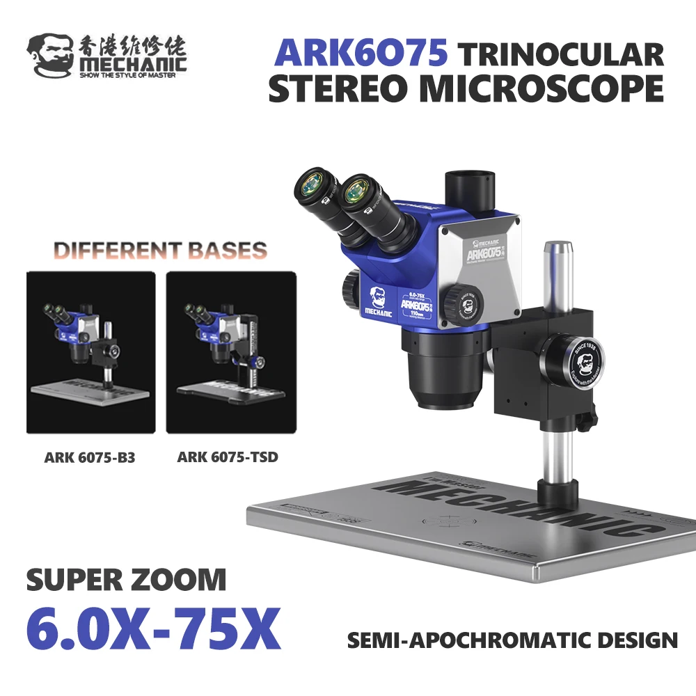 MECHANIC ARK6075 6-75X Trinocular Microscope Semi-Apochromatic Design for Electronics Repair Motherboard PCB IC Inspection Tool
MECHANIC ARK6075 6-75X Trinocular Microscope Semi-Apochromatic Design for Electronics Repair Motherboard PCB IC Inspection Tool