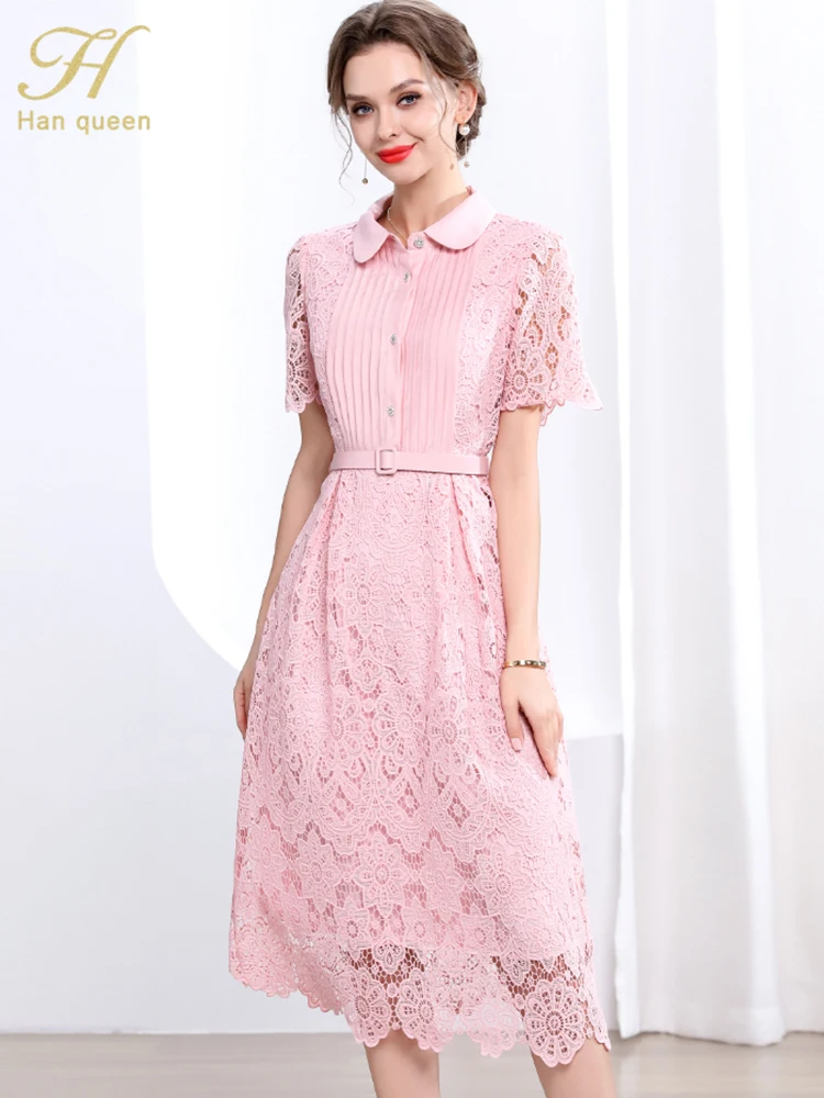 H Han Queen Elegant Women White/Pink Hollow out Lace Dress Summer Ladies Single breasted Casual Work Beach Party Dresses
H Han Queen Elegant Women White/Pink Hollow out Lace Dress Summer Ladies Single breasted Casual Work Beach Party Dresses