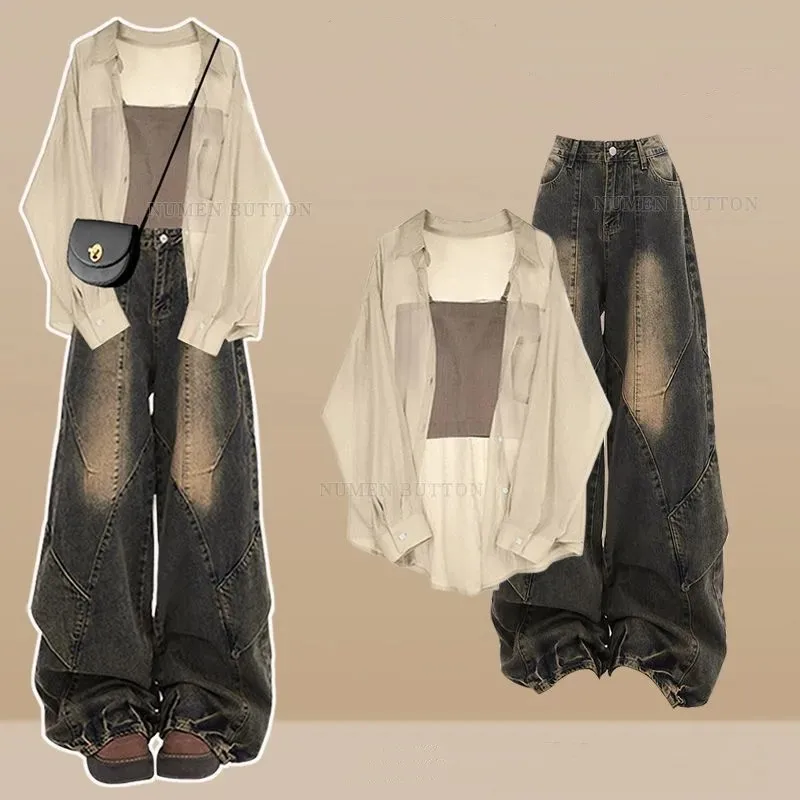 Women 2026 Summer New Retro Chiffon Sunscreen Shirt+Vest+Denim Wide Leg Pants 3-Piece Suit Korean Elegant Tracksuit Matching Set
Women 2026 Summer New Retro Chiffon Sunscreen Shirt+Vest+Denim Wide Leg Pants 3-Piece Suit Korean Elegant Tracksuit Matching Set