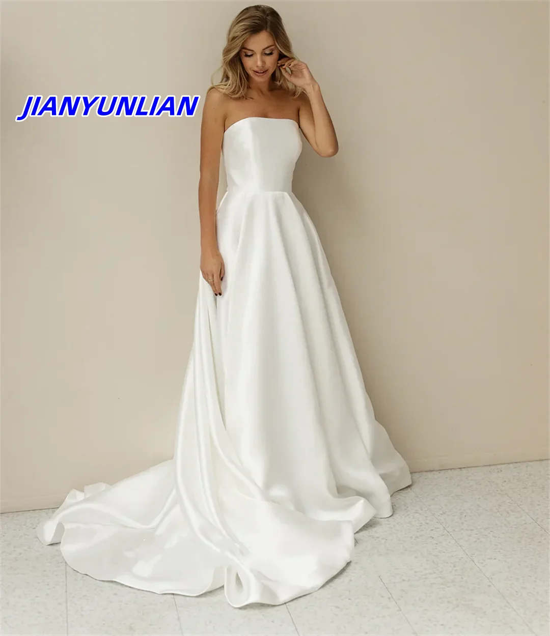 Simple Minimalist Strapless Mikado Wedding Dress A-Line Customized Satin Ruched Bridal Party Gown Vestidos De Novia
Simple Minimalist Strapless Mikado Wedding Dress A-Line Customized Satin Ruched Bridal Party Gown Vestidos De Novia