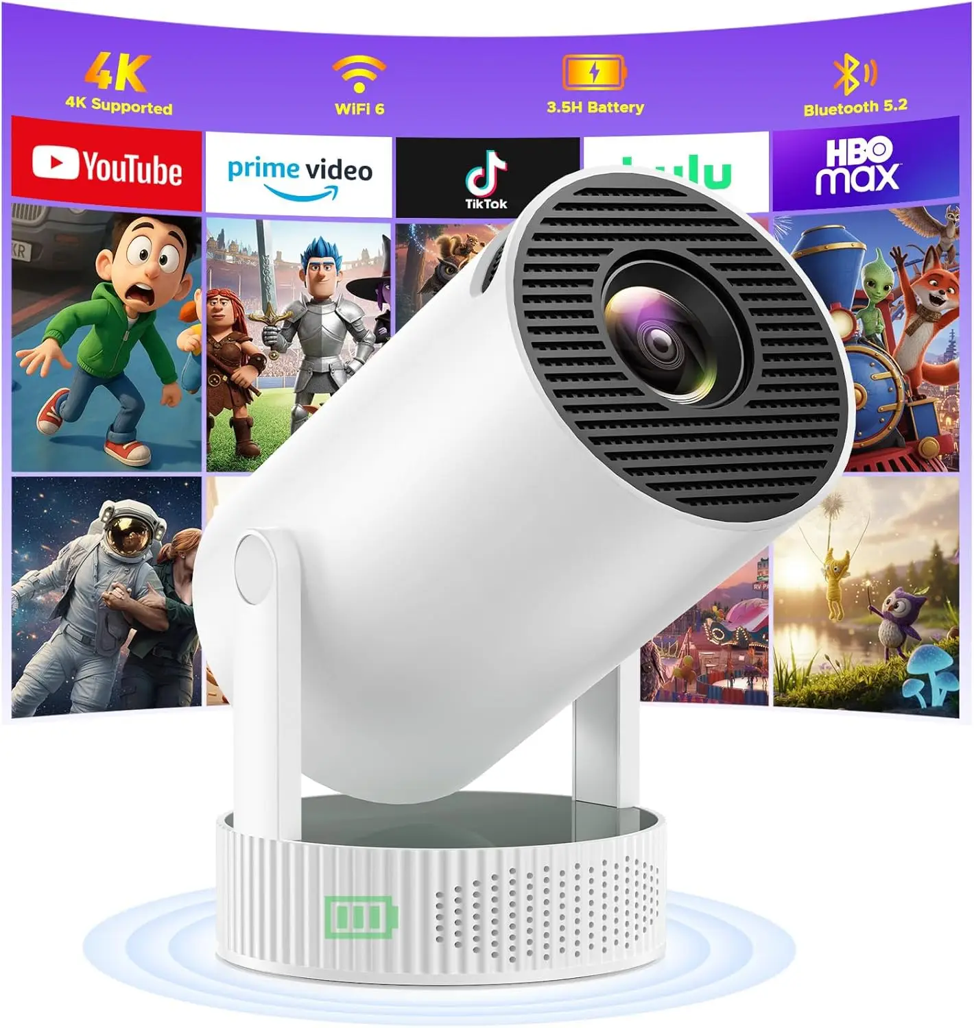 Портативный WiFi Bluetooth-проектор, 1080P 4K, автоматическая коррекция трапецеидальных искажений, перезаряжаемая батарея, совместимость с различными устройствами
Портативный WiFi Bluetooth-проектор, 1080P 4K, автоматическая коррекция трапецеидальных искажений, перезаряжаемая батарея, совместимость с различными устройствами