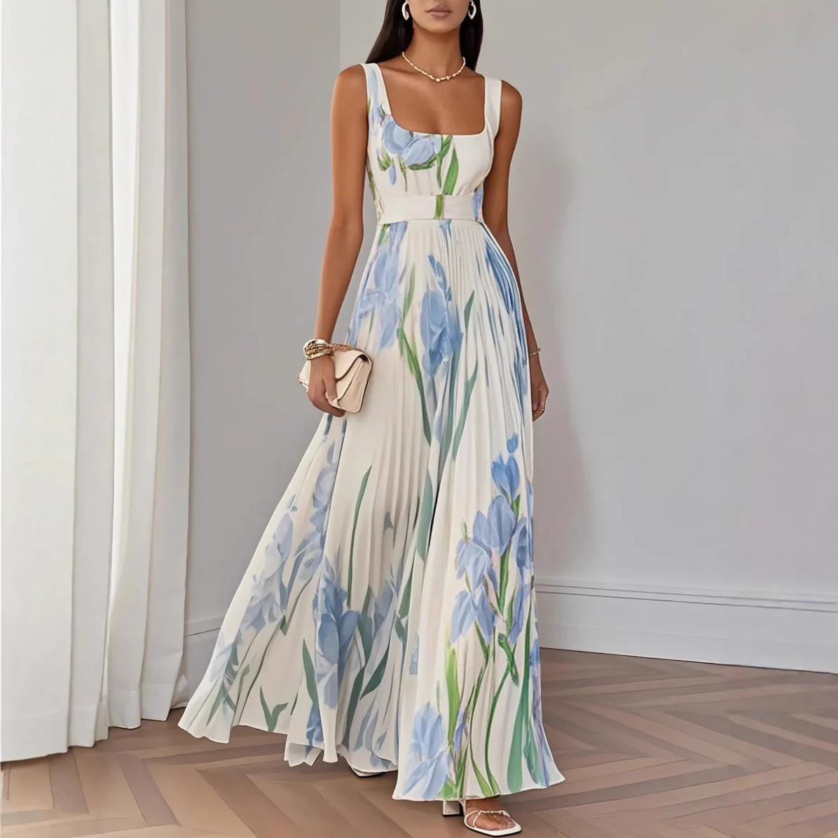 New European and American women's fashionable casual vacation comfortable digital floral camisole dress pleated long skirt
New European and American women's fashionable casual vacation comfortable digital floral camisole dress pleated long skirt