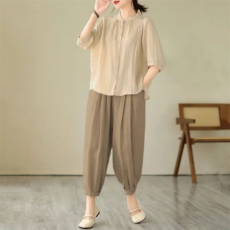 Summer Female Fashion Mid Sleeve Wide Leg Pants Two-piece Set Korean Ladies Casual Shirt Pantalons 2PCS Women Cotton Loose Suit
Summer Female Fashion Mid Sleeve Wide Leg Pants Two-piece Set Korean Ladies Casual Shirt Pantalons 2PCS Women Cotton Loose Suit