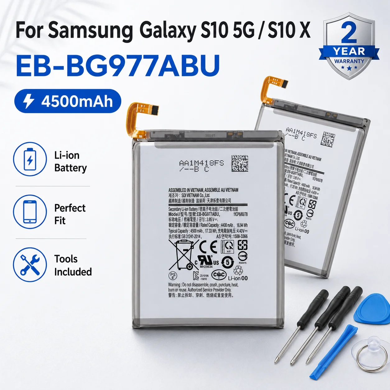 EB-BG977ABU Replacement Battery 4500mAh + Repair Tools for Galaxy S10 5G SM-G977V G977U
EB-BG977ABU Replacement Battery 4500mAh + Repair Tools for Galaxy S10 5G SM-G977V G977U