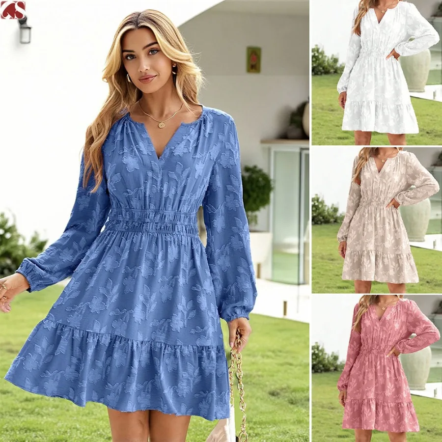【New style】 spring and autumn V-neck pullover jacquard elastic waist large swing women's long-sleeved ruffled dress
【New style】 spring and autumn V-neck pullover jacquard elastic waist large swing women's long-sleeved ruffled dress