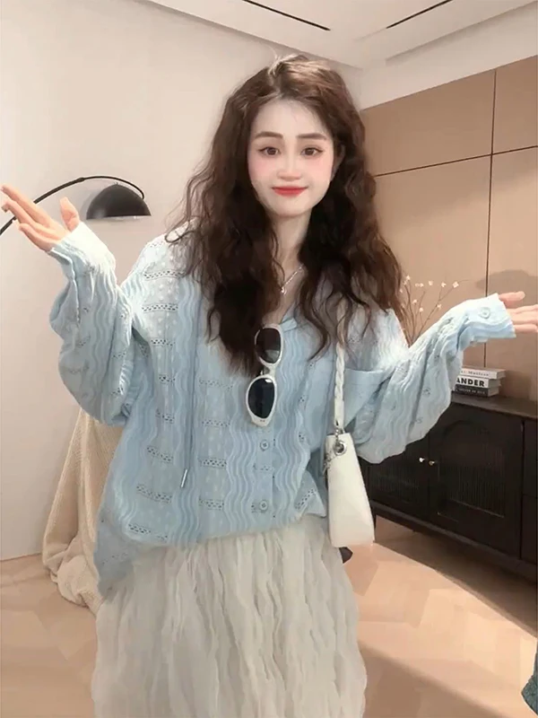 High-End Women's Fashionable Winter Shirt Design Blue Hollow out Hook Flower Small Style with Hat Korean Style Loose Fit
High-End Women's Fashionable Winter Shirt Design Blue Hollow out Hook Flower Small Style with Hat Korean Style Loose Fit