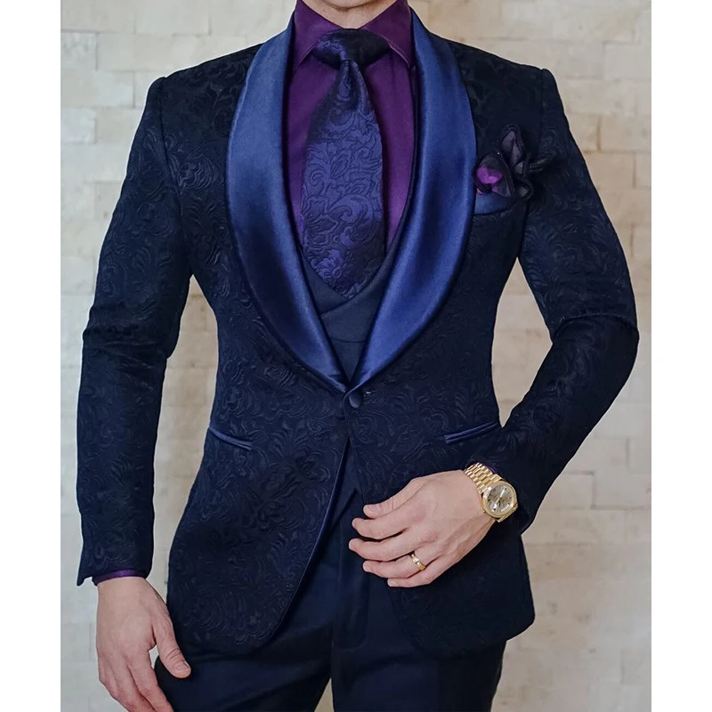 Navy Blue Men Suits Floral Jacquard Slim Fit With Shawl Lapel Tuxedo for Groomsmen Male Fashion Costume 3 Piece Custom Wedding
Navy Blue Men Suits Floral Jacquard Slim Fit With Shawl Lapel Tuxedo for Groomsmen Male Fashion Costume 3 Piece Custom Wedding