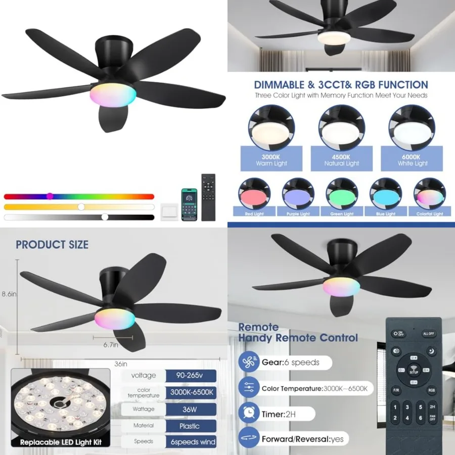 Flush Mount RGB Ceiling Fans with Lights-36 Low Profile Ceiling Fan with Light and Remote/APP Control, DC Reversible, LED Dimma
Flush Mount RGB Ceiling Fans with Lights-36 Low Profile Ceiling Fan with Light and Remote/APP Control, DC Reversible, LED Dimma