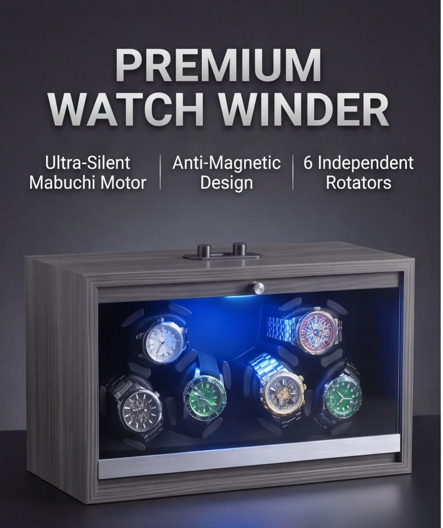 Premium 6-Slot Watch Winder Ultra Silent Mabuchi Motor Anti-Magnetic Automatic Rotation LED Light Dual Power Watch Box for Watch
Premium 6-Slot Watch Winder Ultra Silent Mabuchi Motor Anti-Magnetic Automatic Rotation LED Light Dual Power Watch Box for Watch