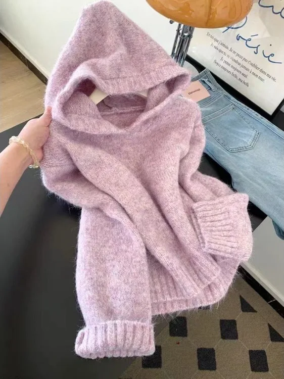 Purple Hooded Knitted Sweater Women's Small Size Outerwear Inner Match Loose Fit Medium Softn Long Sve Top
Purple Hooded Knitted Sweater Women's Small Size Outerwear Inner Match Loose Fit Medium Softn Long Sve Top