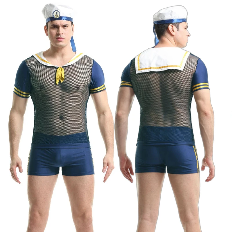 Sexy Men Sailor Costume Sheer Mesh Top Shorts Hat Navy Nautical Cosplay Outfit for Halloween Carnival Sailor Suits
Sexy Men Sailor Costume Sheer Mesh Top Shorts Hat Navy Nautical Cosplay Outfit for Halloween Carnival Sailor Suits