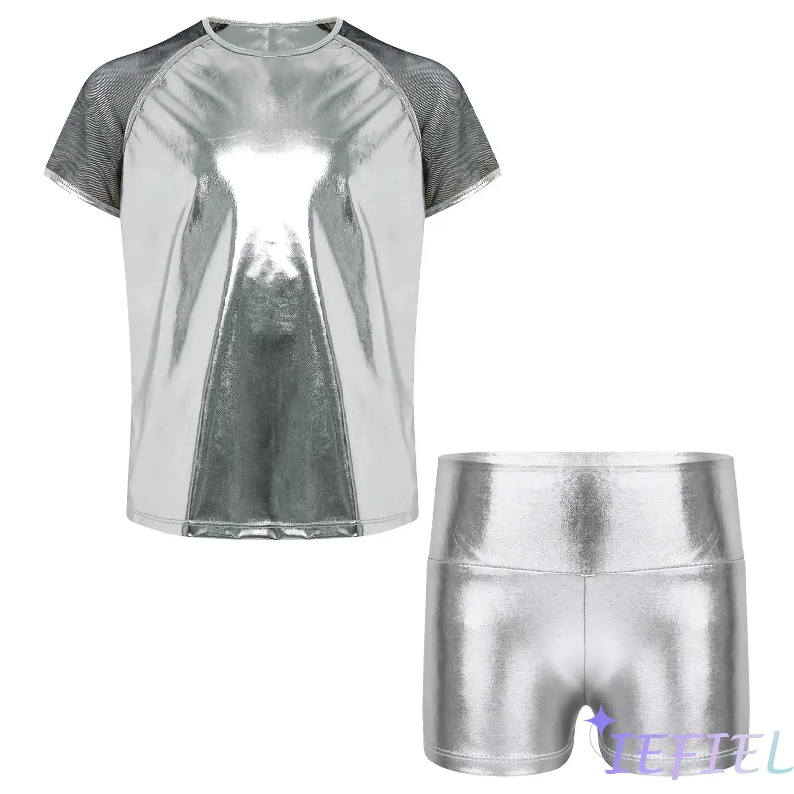 Kids Unisex Hip-Hop Jazz Dance Outfit Sheer Mesh Short Sleeves Round Neck Metallic T-shirt Blouse High Waist Shiny Shorts
Kids Unisex Hip-Hop Jazz Dance Outfit Sheer Mesh Short Sleeves Round Neck Metallic T-shirt Blouse High Waist Shiny Shorts