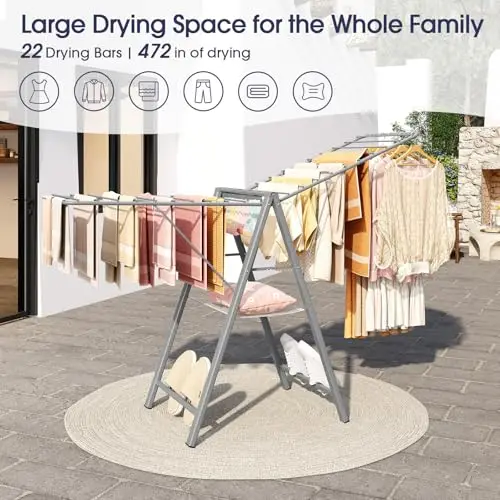 Grey Height-Adjustable Foldable Metal Drying Rack With 22 Bars, 472 Inches Total Drying Space For Garments Towels Indoor Outdoor
Grey Height-Adjustable Foldable Metal Drying Rack With 22 Bars, 472 Inches Total Drying Space For Garments Towels Indoor Outdoor