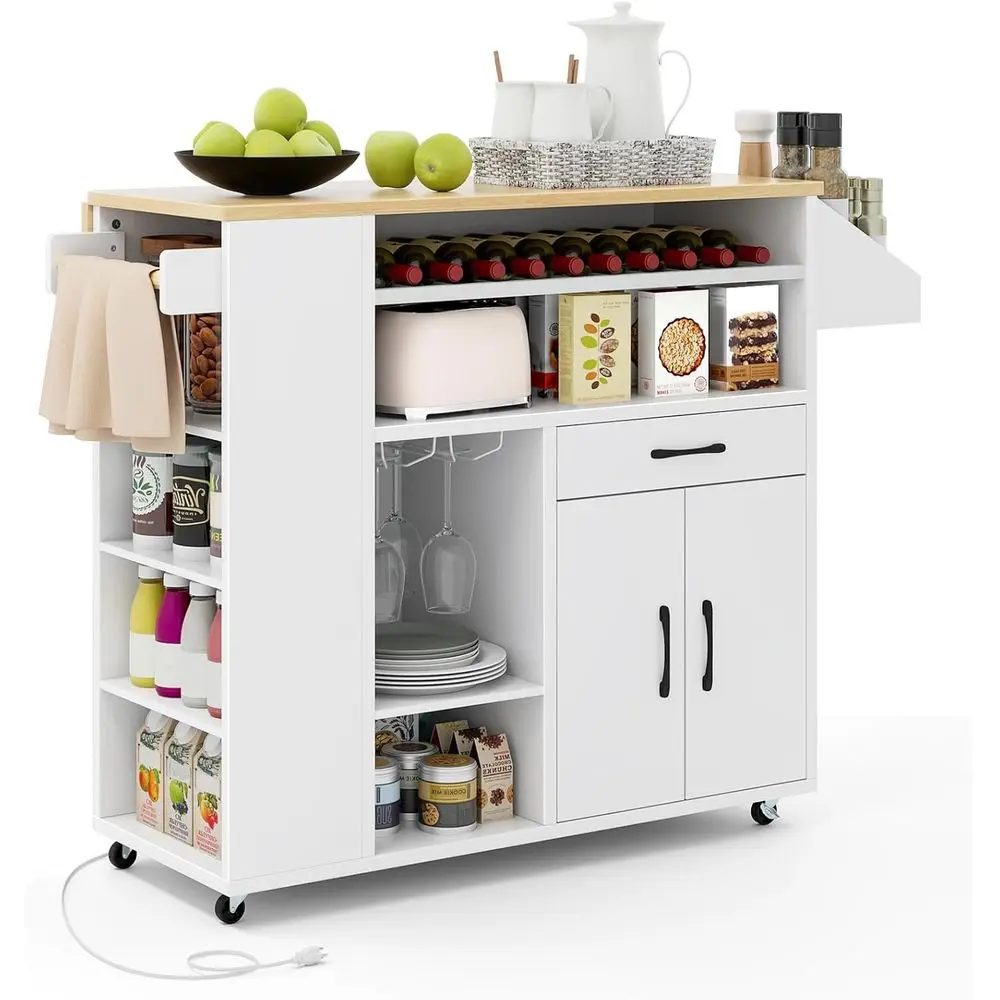 Mobile Kitchen Island Cart with Drop Leaf, Power Outlet, Wine & Stemware Racks, Spice Storage, White & Natural Finish
Mobile Kitchen Island Cart with Drop Leaf, Power Outlet, Wine & Stemware Racks, Spice Storage, White & Natural Finish