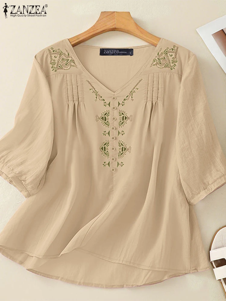 ZANZEA Summer Day Wear Tunic Tops Casual Pintuck V-Neck Floral Embroidery Blouses Half Puff Sleeve Vintage Women Blusas Mujer
ZANZEA Summer Day Wear Tunic Tops Casual Pintuck V-Neck Floral Embroidery Blouses Half Puff Sleeve Vintage Women Blusas Mujer