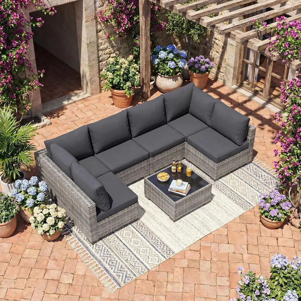 7-Piece Patio urniture Set, Outdoor Sectional Soa with Thick Cushions & Glass Table, All-Weather Wicker Contion Set or Backyard,
7-Piece Patio urniture Set, Outdoor Sectional Soa with Thick Cushions & Glass Table, All-Weather Wicker Contion Set or Backyard,