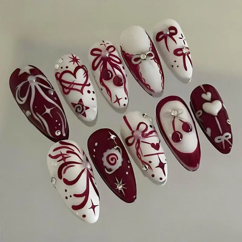 24PCS Ins Red Bowknot French False Nail Tips Sweet Cherry Heart with Diamonds Almond Press on Nail Wearable Fake Nails for Women 
24PCS Ins Red Bowknot French False Nail Tips Sweet Cherry Heart with Diamonds Almond Press on Nail Wearable Fake Nails for Women