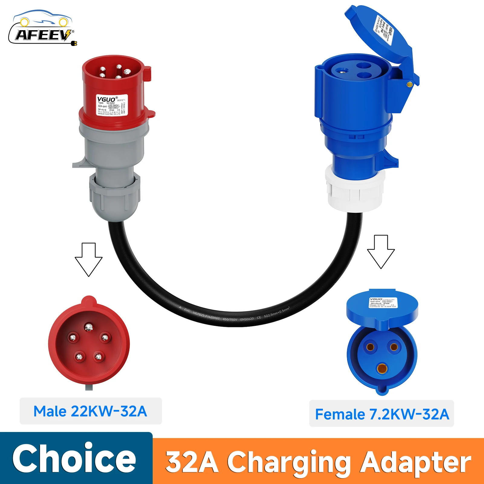 Electric Vehicle Charging Adapter Convert from 22KW to 7KW 3Phase to 1Phase 32A CEE Red Male 5Pins Connect to Blue Female 3Pins
Electric Vehicle Charging Adapter Convert from 22KW to 7KW 3Phase to 1Phase 32A CEE Red Male 5Pins Connect to Blue Female 3Pins