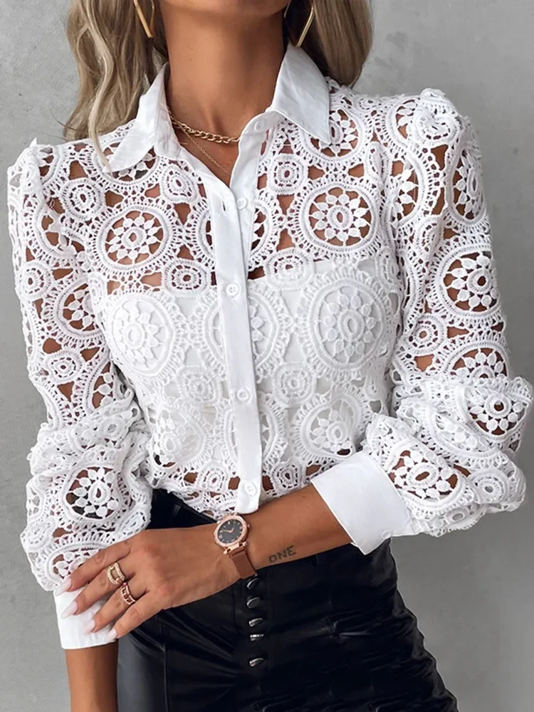 Elegant Office Lace Blouse for Women Long Sleeve White Shirt Button Turn-down Collar Sexy Hollow Detail Fashionable Women's Top
Elegant Office Lace Blouse for Women Long Sleeve White Shirt Button Turn-down Collar Sexy Hollow Detail Fashionable Women's Top