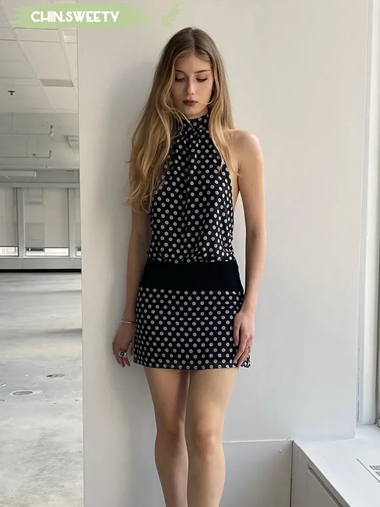 Wave Point Halter Splicing Mini Dress Women Elegant Sleeveless Backless Short Dresses 2025 New Summer Party Holiday Street Robe
Wave Point Halter Splicing Mini Dress Women Elegant Sleeveless Backless Short Dresses 2025 New Summer Party Holiday Street Robe