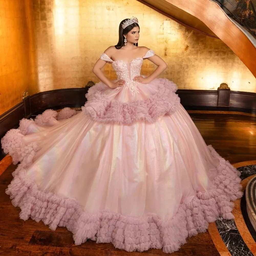 Pink Charro Quinceanera Dresses Ball Gown Off The Shoulder Tulle Ruffles Mexican Sweet 16 Dresses 15 Anos Customized
Pink Charro Quinceanera Dresses Ball Gown Off The Shoulder Tulle Ruffles Mexican Sweet 16 Dresses 15 Anos Customized