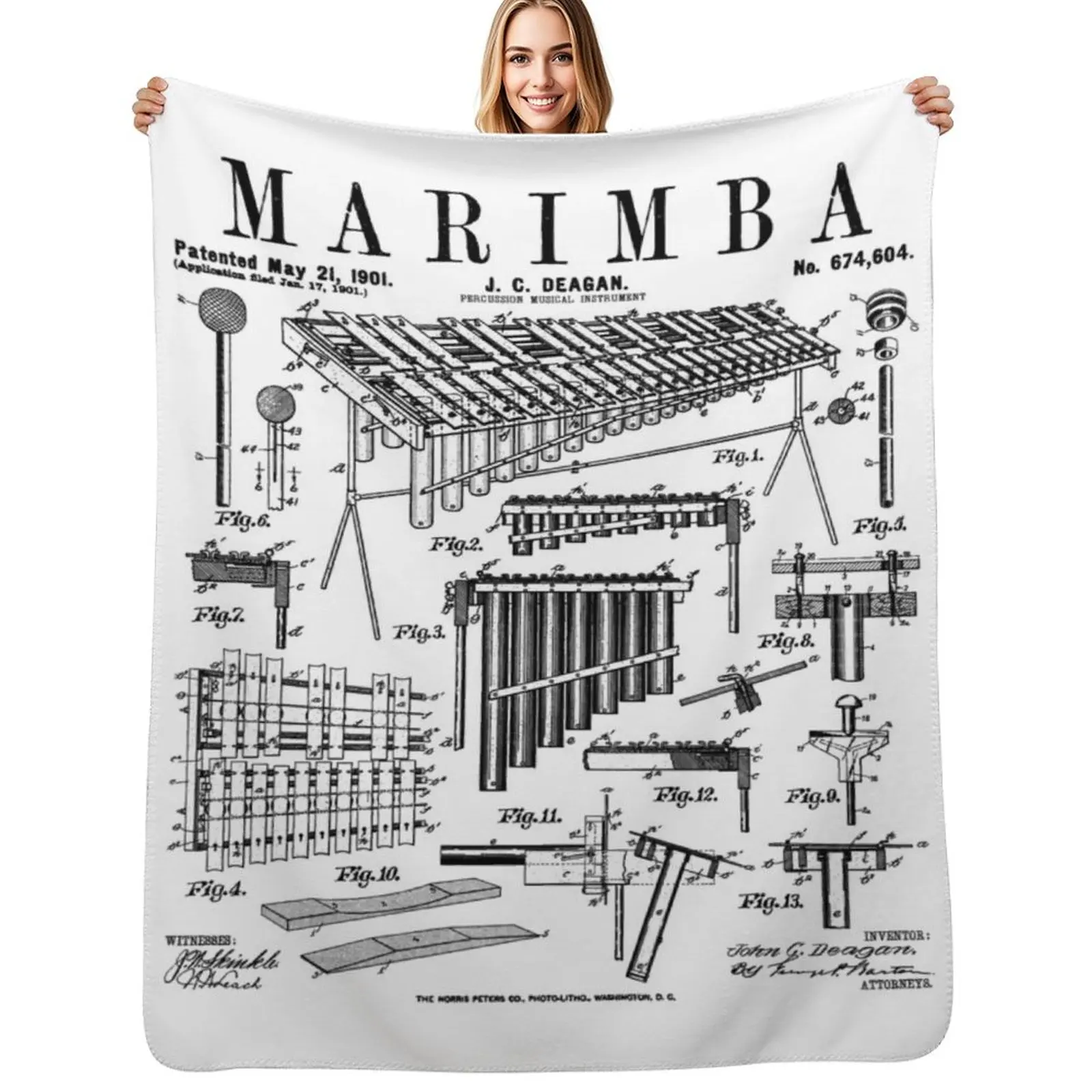 Marimba Player Percussion Musical Instrument Vintage Patent Throw Blanket Color Fast Cozy Throw Blanket
Marimba Player Percussion Musical Instrument Vintage Patent Throw Blanket Color Fast Cozy Throw Blanket