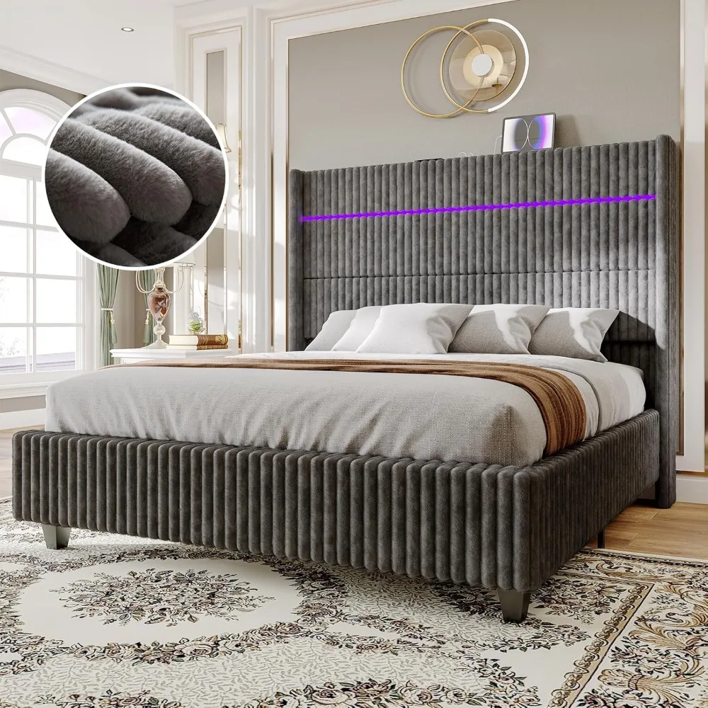 Queen Size LED-lit Corduroy Upholstered Bed Frame with Wingback Headboard and Charging Station 
Queen Size LED-lit Corduroy Upholstered Bed Frame with Wingback Headboard and Charging Station