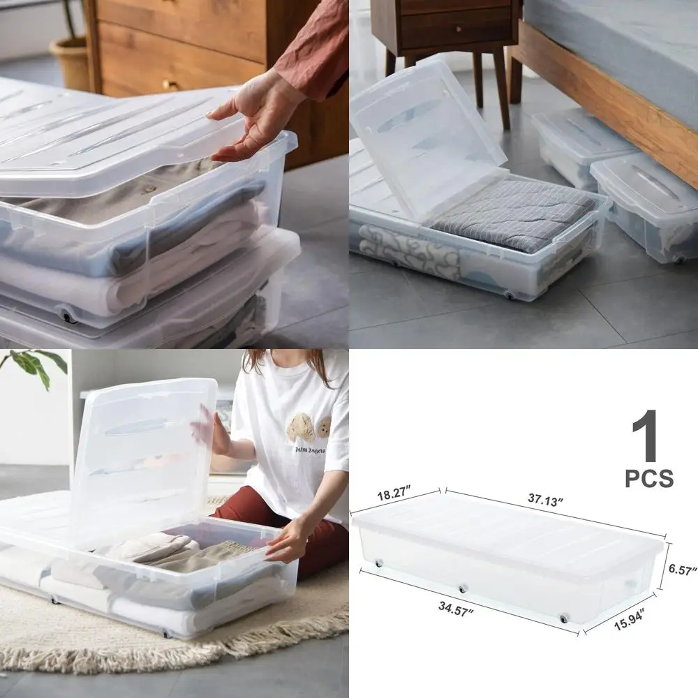 Прозрачные пластиковые контейнеры для хранения с двойными крышками и колесиками для использования под кроватью, идеально подходят для организации хранения обуви, одеял и одежды.
Прозрачные пластиковые контейнеры для хранения с двойными крышками и колесиками для использования под кроватью, идеально подходят для организации хранения обуви, одеял и одежды.