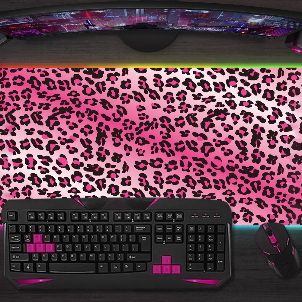 Pink L-Leopard Style Mouse Pad Gaming MousePad LED Table Pads Micro USB Backlit Rubber RGB Desk Mats Desktop XXL
