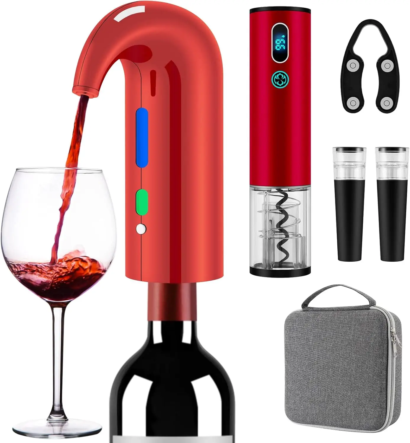 Rechargeable Electric Wine Opener Set with Aerator, Pourer, Stopper, Foil Cutter & Storage Bag - Christmas Red, Automatic
Rechargeable Electric Wine Opener Set with Aerator, Pourer, Stopper, Foil Cutter & Storage Bag - Christmas Red, Automatic