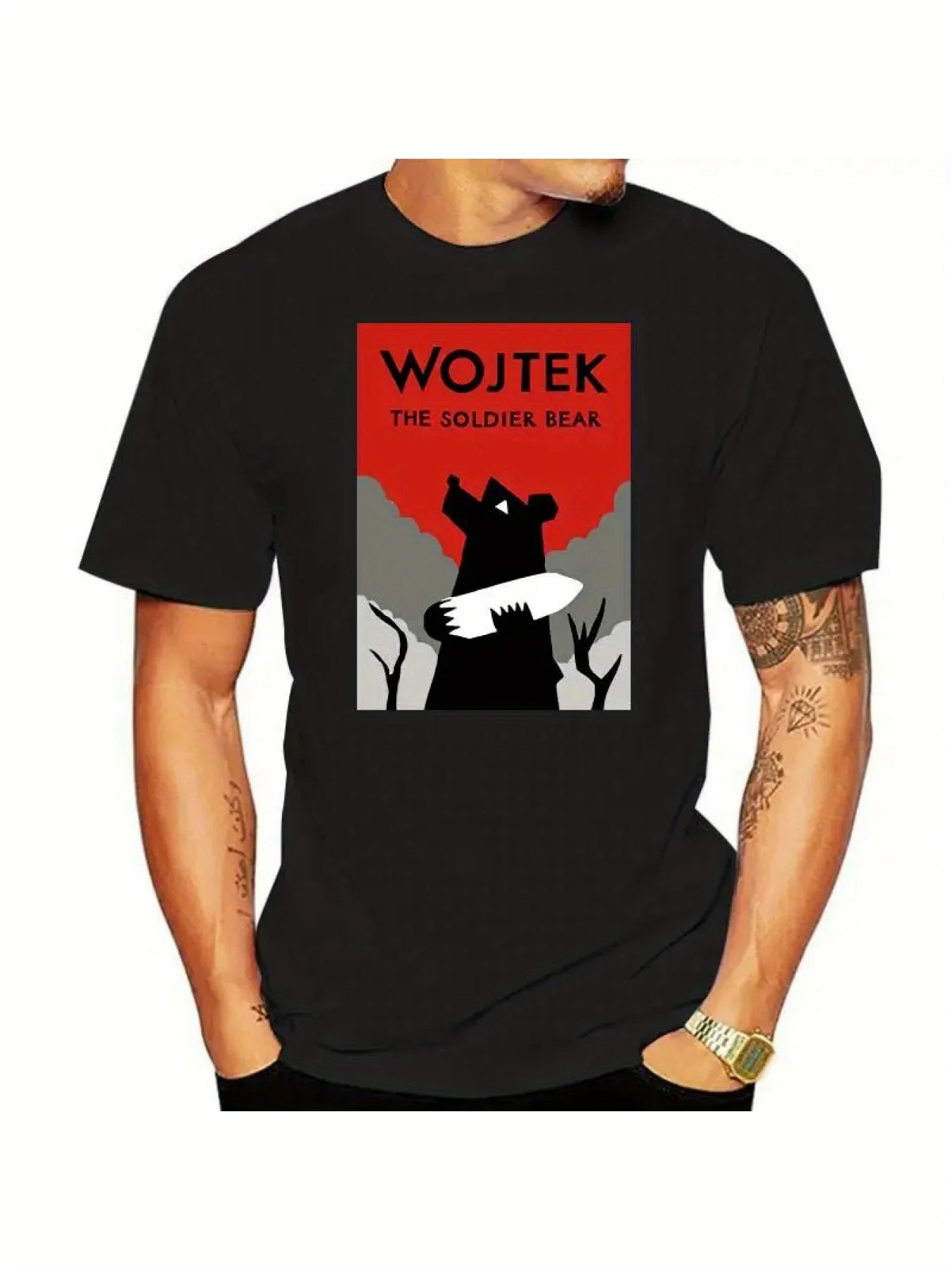 Мужская футболка Wojtek The Soldier Bear — повседневная черная хлопковая футболка, дизайн Польши 1944 года, короткий рукав, круглый вырез, можно стирать в машине
Мужская футболка Wojtek The Soldier Bear — повседневная черная хлопковая футболка, дизайн Польши 1944 года, короткий рукав, круглый вырез, можно стирать в машине