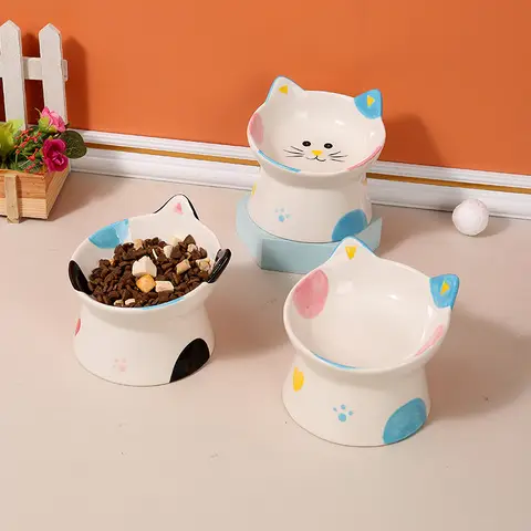 1PC Yükseltilmiş Kedi Mama Kabı, Seramik, Yükseltilmiş Besleme İstasyonu, Bıyıklar için Sığ, Bulaşık Makinesinde Yıkanabilir