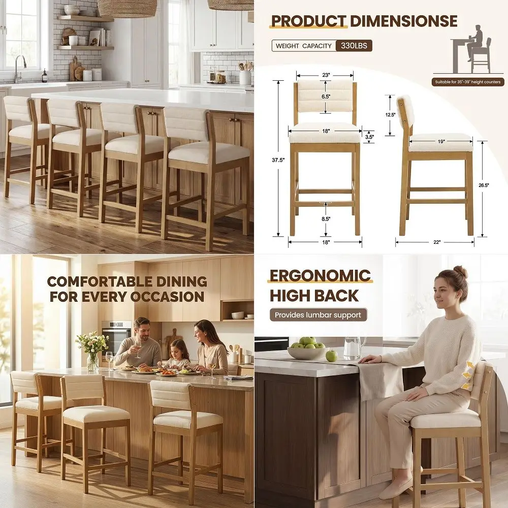 26 H Counter Height Bar Stools Set of 4, Wooden Bar Stools with Backrest, Linen Upholstered Kitchen Island Stools, 330LBS Load
26 H Counter Height Bar Stools Set of 4, Wooden Bar Stools with Backrest, Linen Upholstered Kitchen Island Stools, 330LBS Load