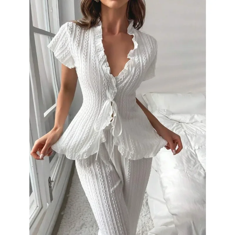 Women's Sexy Lace Up Pajamas Set Short Sleeve Top And Long Pants Sleepwear 2 Piece Set For Women Knit Jacquard V-Neck Homewear
Women's Sexy Lace Up Pajamas Set Short Sleeve Top And Long Pants Sleepwear 2 Piece Set For Women Knit Jacquard V-Neck Homewear