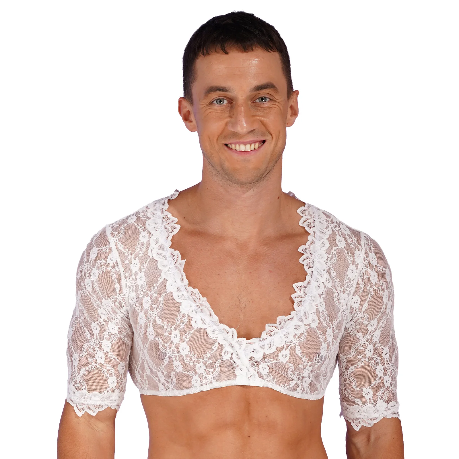 Mens see-though Lace Crop Top Deep V-Neck Half Sleeve Crop Top SheerPullover Blouse Cross-Dresser Transvestite Costume
Mens see-though Lace Crop Top Deep V-Neck Half Sleeve Crop Top SheerPullover Blouse Cross-Dresser Transvestite Costume