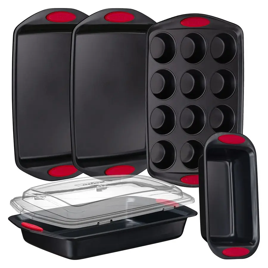 6Piece Baking Pan Set Carbon Steel Stackable Bakeware with Red Silicone Handles amp Nonstick Coating, Includes Cookie Sheets, Ro
6Piece Baking Pan Set Carbon Steel Stackable Bakeware with Red Silicone Handles amp Nonstick Coating, Includes Cookie Sheets, Ro