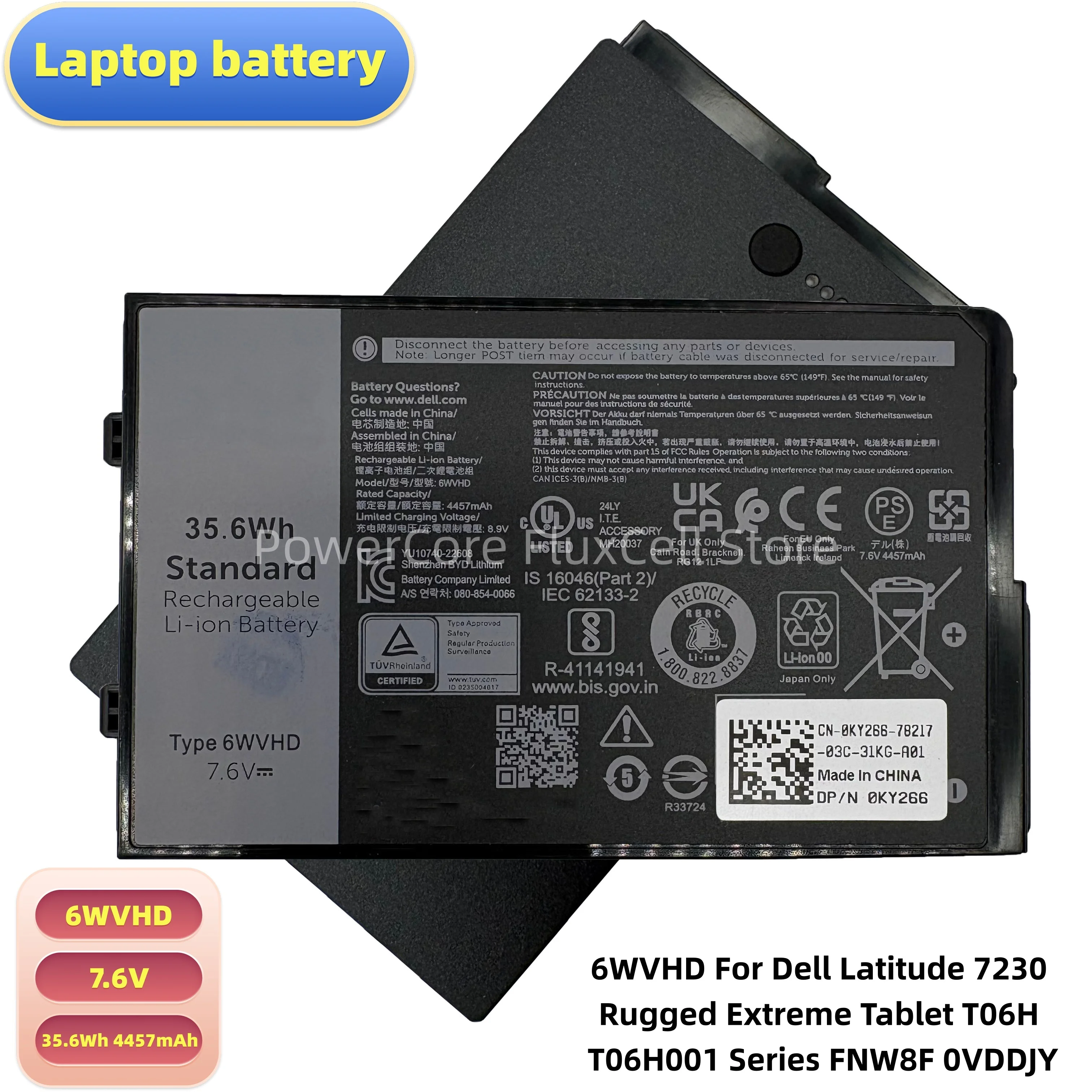 Новый аккумулятор для ноутбука 6WVHD для Dell Latitude 7230 Rugged Extreme Tablet T06H T06H001 Series FNW8F 0VDDJY 7.6V 35.6Wh 4457mAh
Новый аккумулятор для ноутбука 6WVHD для Dell Latitude 7230 Rugged Extreme Tablet T06H T06H001 Series FNW8F 0VDDJY 7.6V 35.6Wh 4457mAh