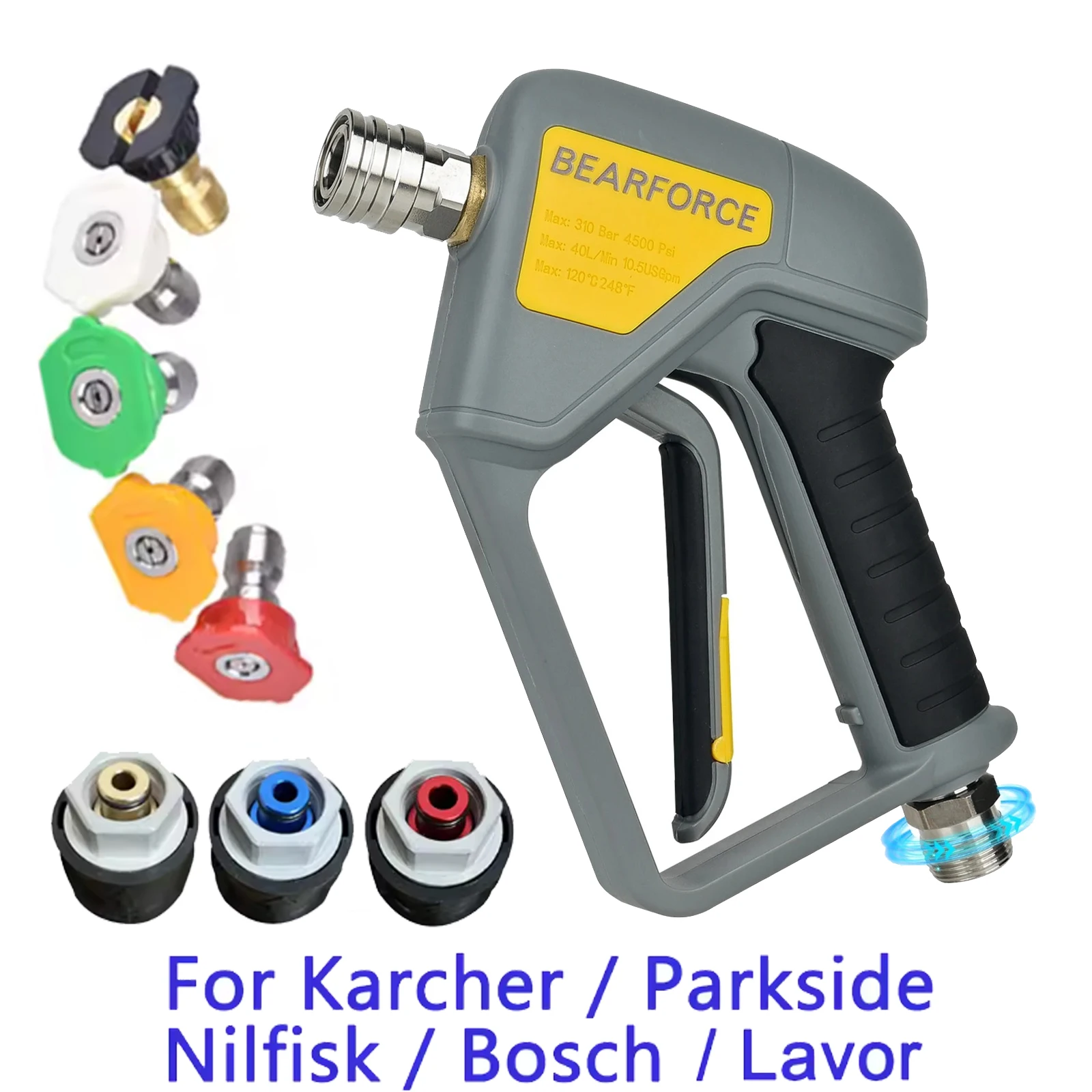 Karcher/Bosch/Lavor Pressure Washer Spray Water Gun with M22-14mm Inlet Male Swivel & 1/4” Quick Connector Nozzles, Wand
Karcher/Bosch/Lavor Pressure Washer Spray Water Gun with M22-14mm Inlet Male Swivel & 1/4” Quick Connector Nozzles, Wand