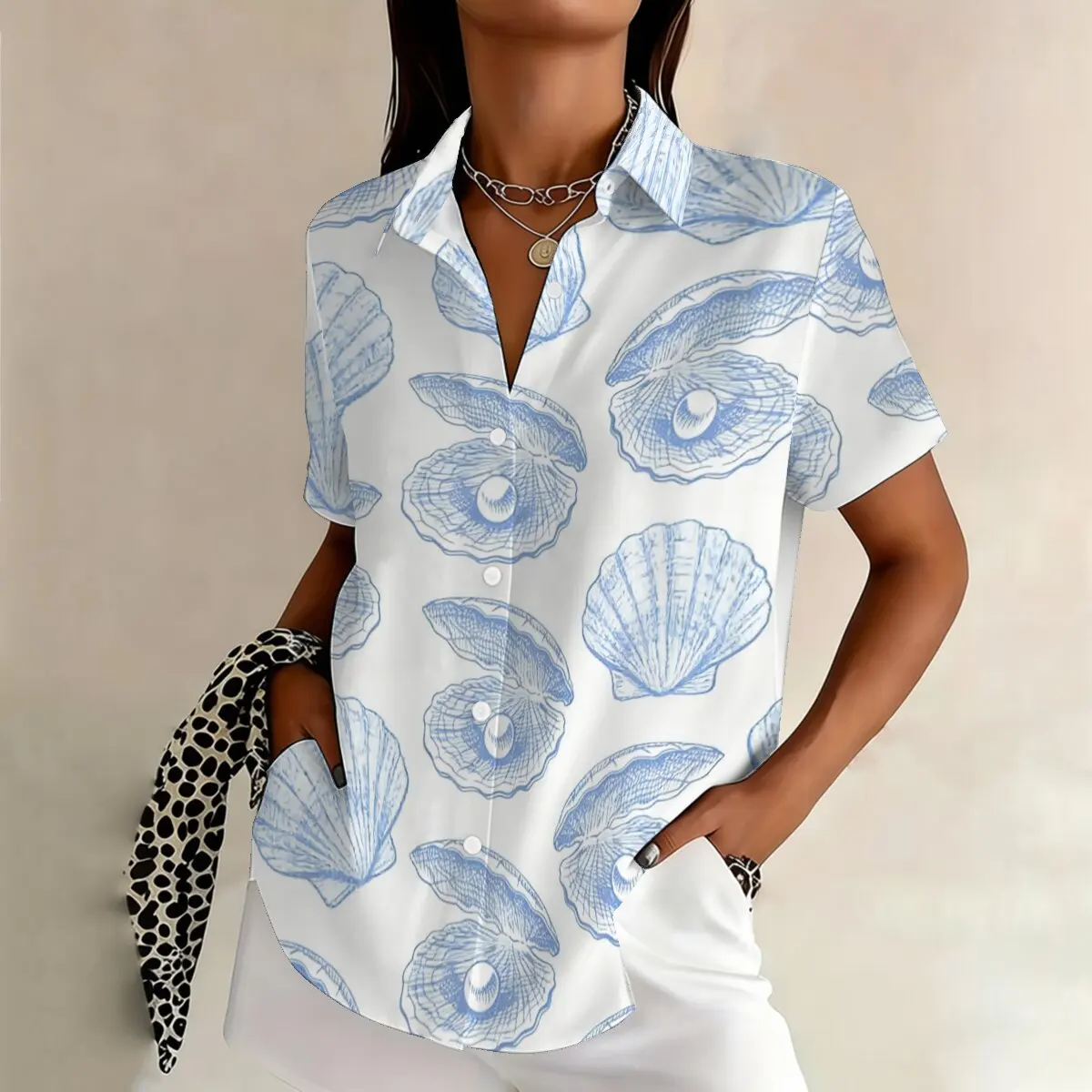 Plus-size women's shell print short-sleeved shirt, loose, comfortable, suitable for commuting, casual, and slimming
Plus-size women's shell print short-sleeved shirt, loose, comfortable, suitable for commuting, casual, and slimming
