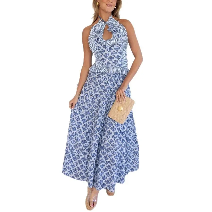 Summer Women's Flower Print Casual Long Skirts Suit Backless Neck Hanging Bowtie Butterfly Top Halves Skirt Two-Piece Set
Summer Women's Flower Print Casual Long Skirts Suit Backless Neck Hanging Bowtie Butterfly Top Halves Skirt Two-Piece Set