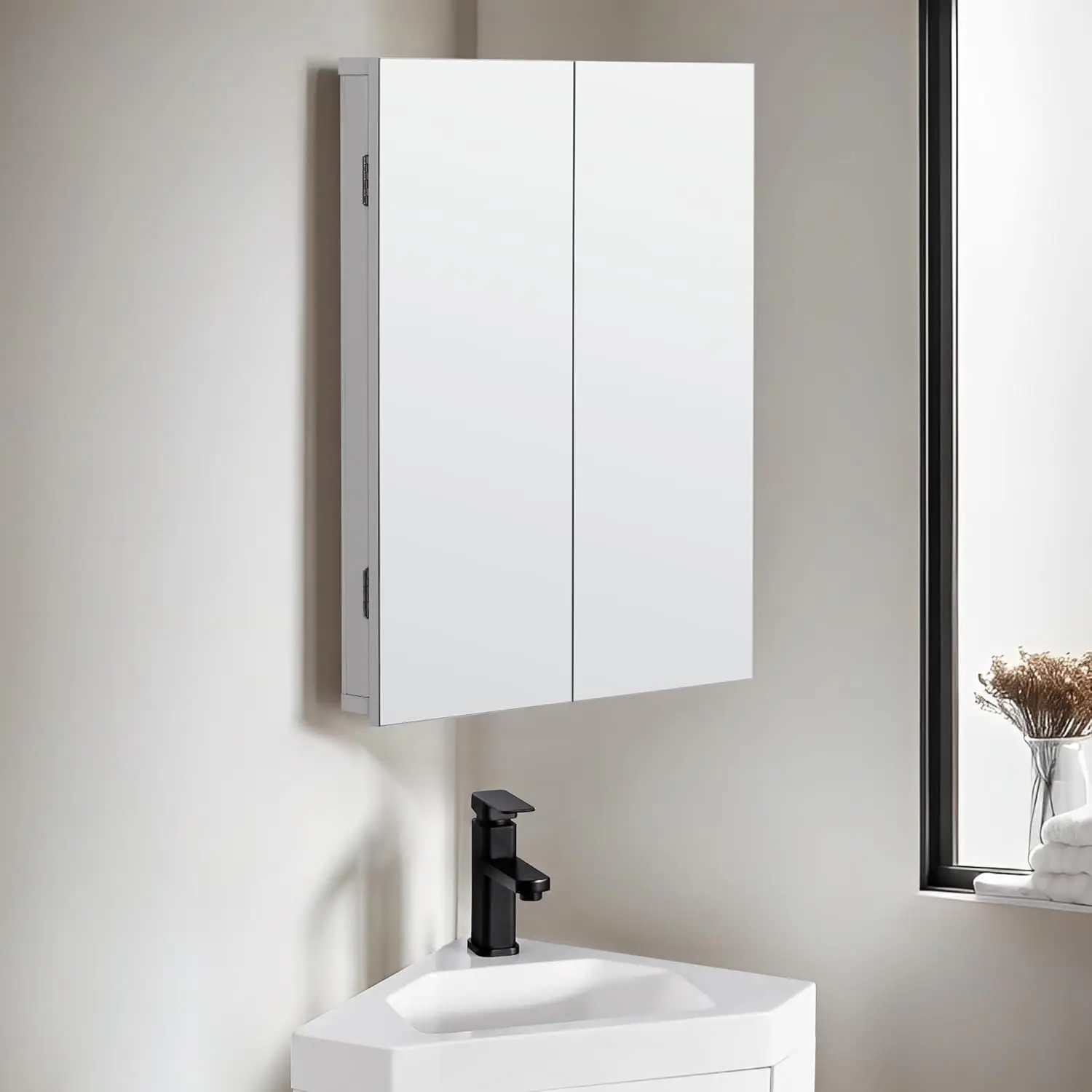 24" Corner Medicine Cabinet Mirror Double Doors Wall Mount Triple Shelf Storage Bathroom, Customized
24" Corner Medicine Cabinet Mirror Double Doors Wall Mount Triple Shelf Storage Bathroom, Customized